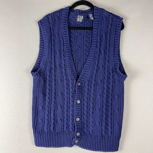 Vintage Gap Sweater Vest Cardigan Mens Large Blue Cable Knit Chunky Grandpa 80s - Picture 1 of 15